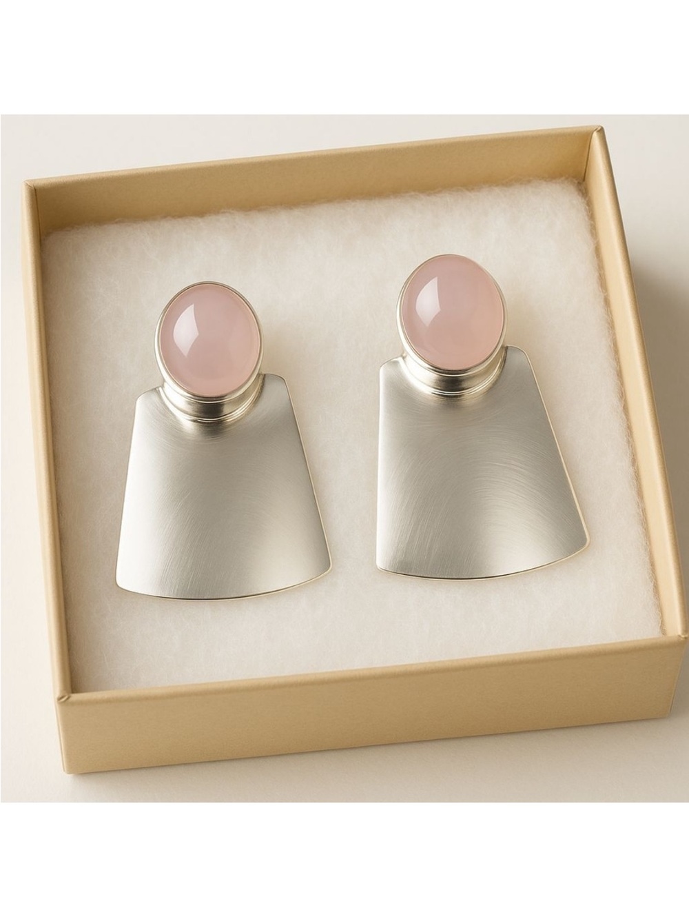 Vintage Sterling Silver & Rose Quartz Pink Cabochon Silver Drop Earrings